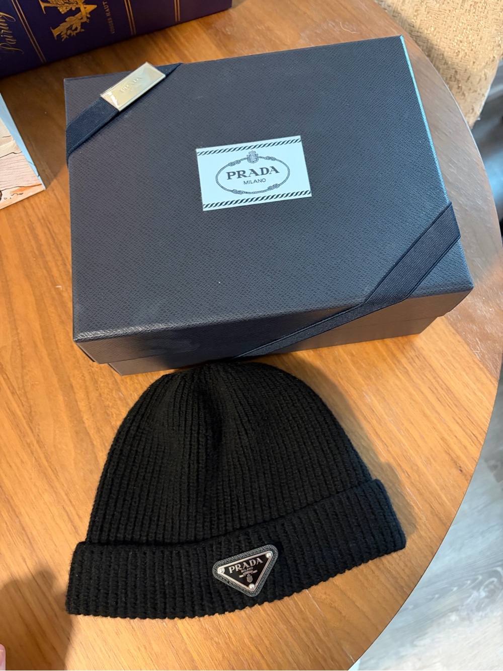 In box 100% authentic Prada Black Ribbed Wool Beanie with Logo